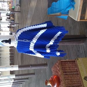 Vintage hand knit blue and white Scandinavian poncho